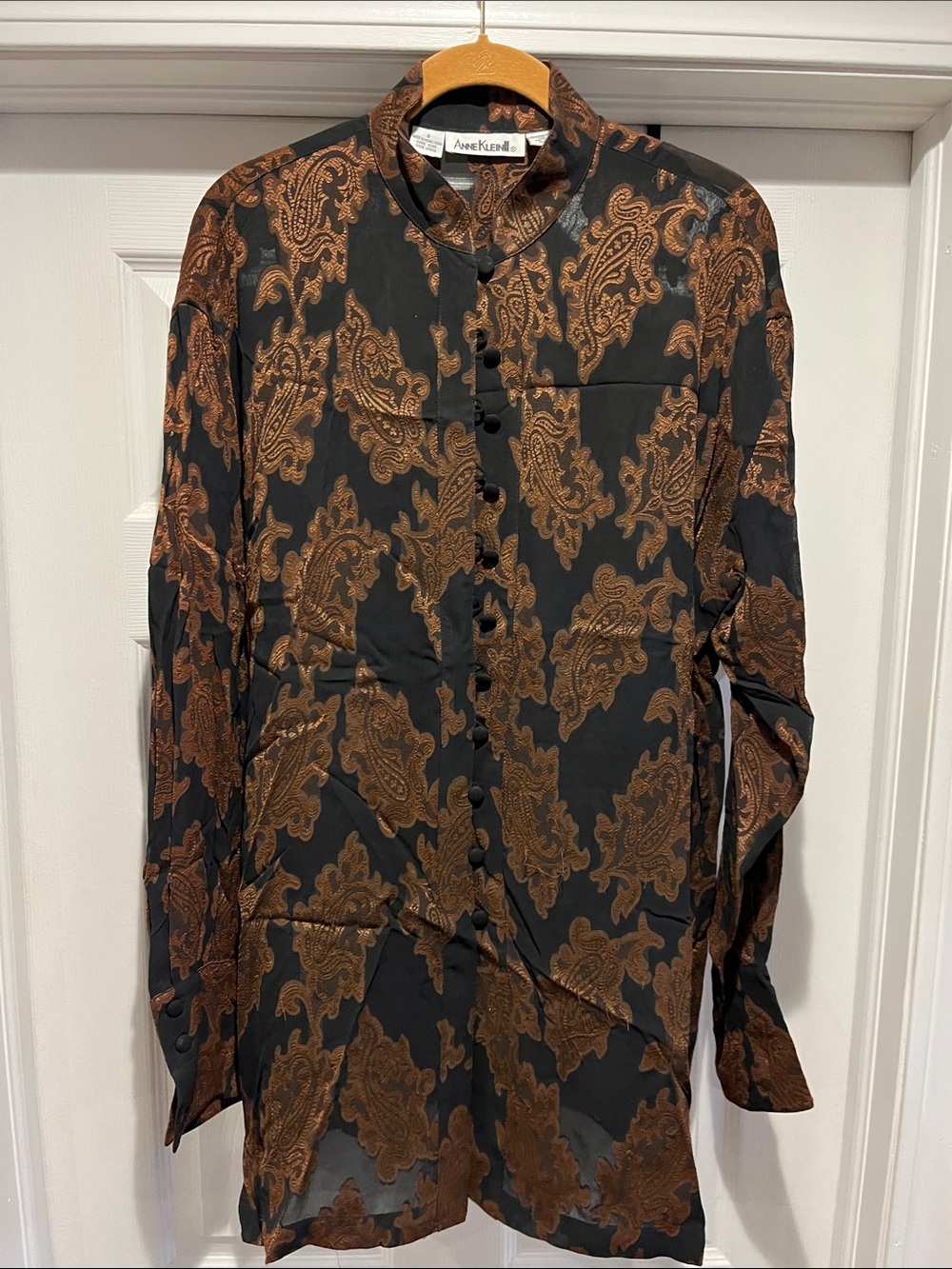 VintageAnne Klein Sheer Black Brown Paisley-Print Lightweight Button Front tunic